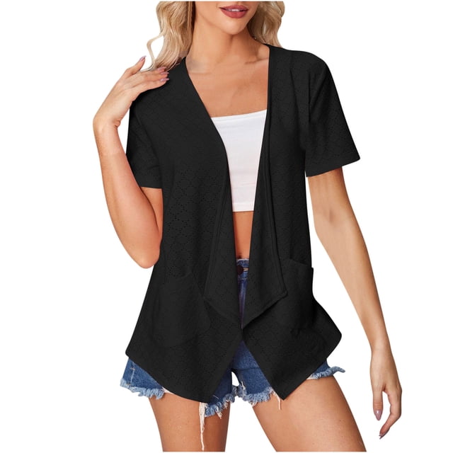 FAIWAD Women's Short Sleeve Cardigan Casual Summer Lightweight Open Front Solid Color Cardigans