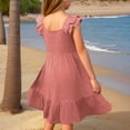 thumbnail image 3 of MIASHUI Robes pour Filles à Manches Volantées, Robe d'Été Trapèze Décontractée, Robe Évasée d'Été, Rouge Brique, 13-14 Ans, 3 of 8