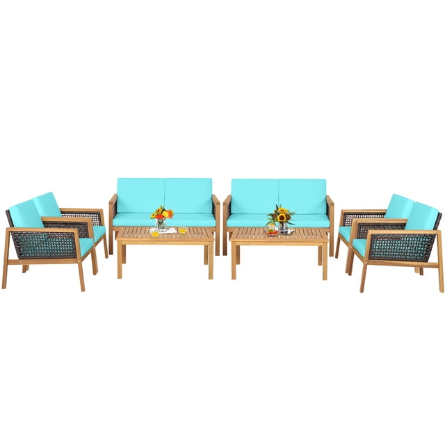 Patiojoy 8-Piece Patio Acacia Wood Furniture Set Outdoor PE Rattan Conversation Set with Removable Cushions Turquoise