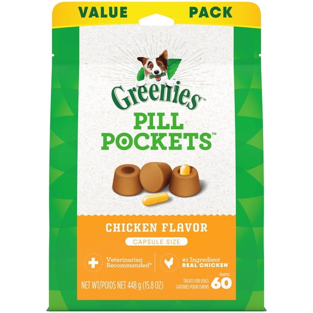 Greenies PILL POCKETS Dog Treats Capsule Size Adult Natural Soft Chicken Flavour value pack pouch with green and yellow packaging, featuring soft brown pill pockets designed to hide medicine taste for dogs, veterinarian recommended and made with real chicken.