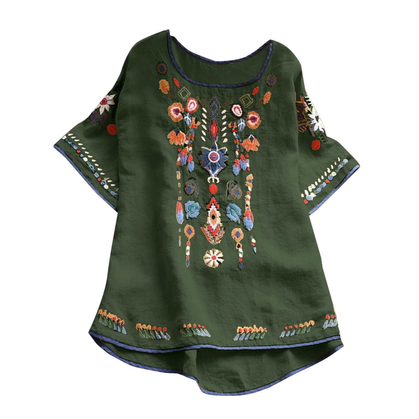 Blouses pour Femmes, T-Shirt Mode Décontracté Ample de Printemps Été pour Femmes, Couleur, Manches Courtes, Col Rond, Hauts Brodés, Blouse en Coton et Lin