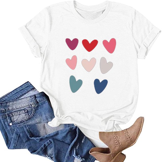 TIMIFIS T-Shirts de la Saint-Valentin pour Femmes Été Décontracté Ample à Manches Courtes Col Rond T-Shirt Imprimé Cœur d'Amour