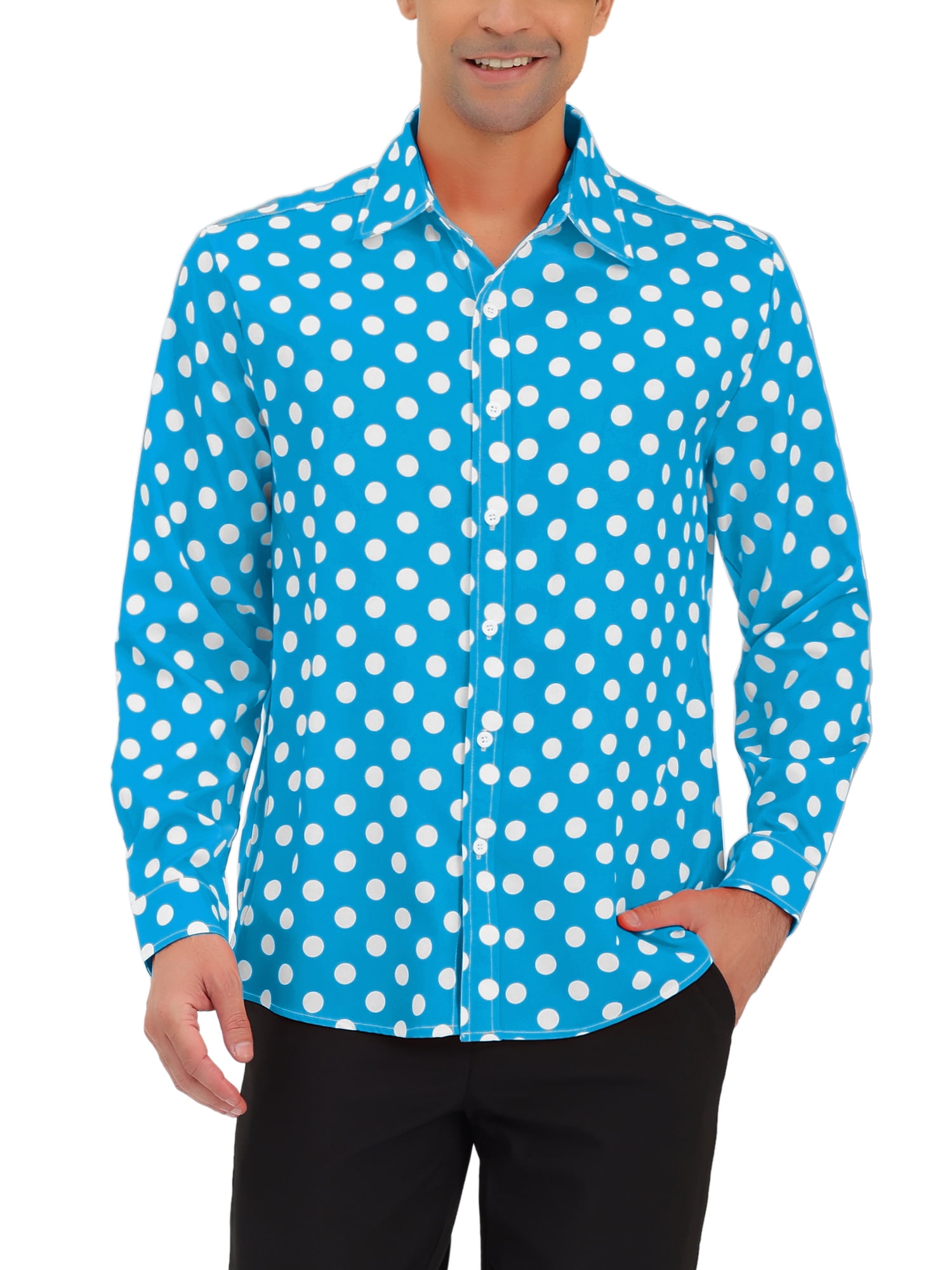 INSPIRE CHIC Men's Shirt Polka Dots Pattern Point Collar Long Sleeve Button Down Shirt 34 Blue