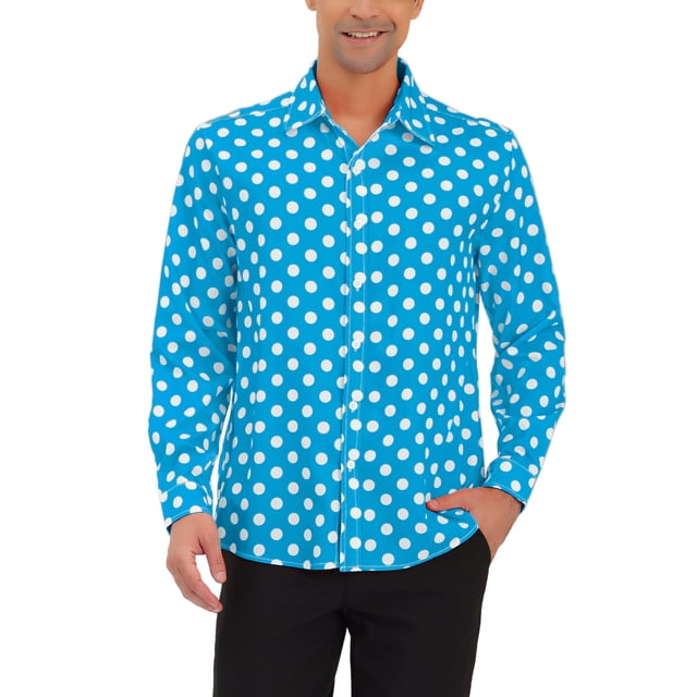 INSPIRE CHIC Men's Shirt Polka Dots Pattern Point Collar Long Sleeve Button Down Shirt 34 Blue
