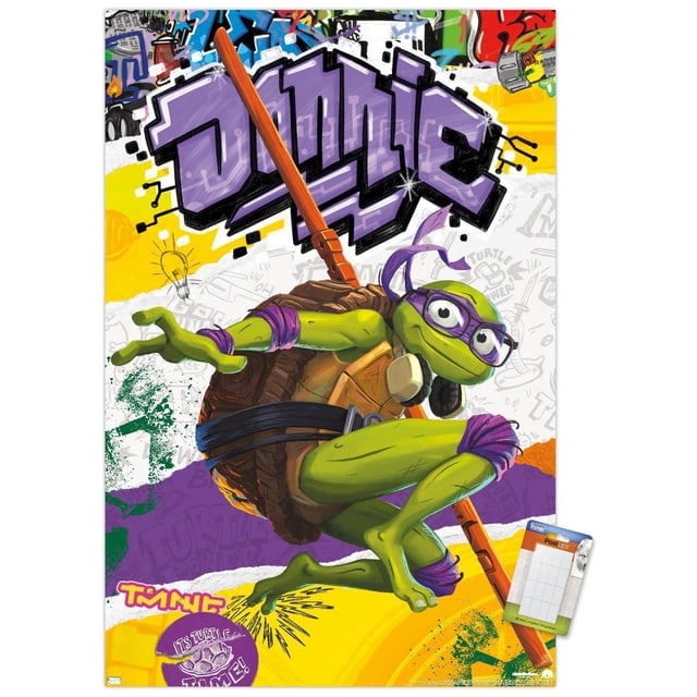Les Tortues Ninja : Mutant Mayhem - Affiche Murale Donatello, 22,375 Po x 34 Po, Représentant Donatello Accroupi avec Son Bâton de bo derrière Lui. Il Porte un Masque Violet, des Lunettes et des Coudières et Genouillères Assorties. l'Arrière-plan de Style Graffiti vibrant Présente des Éléments de Texte de Bande Dessinée. Imprimé sur Papier Lustré, Convient à une Déco de Pièce Audacieuse dans les Chambres, les Bureaux Ou les Dortoirs.