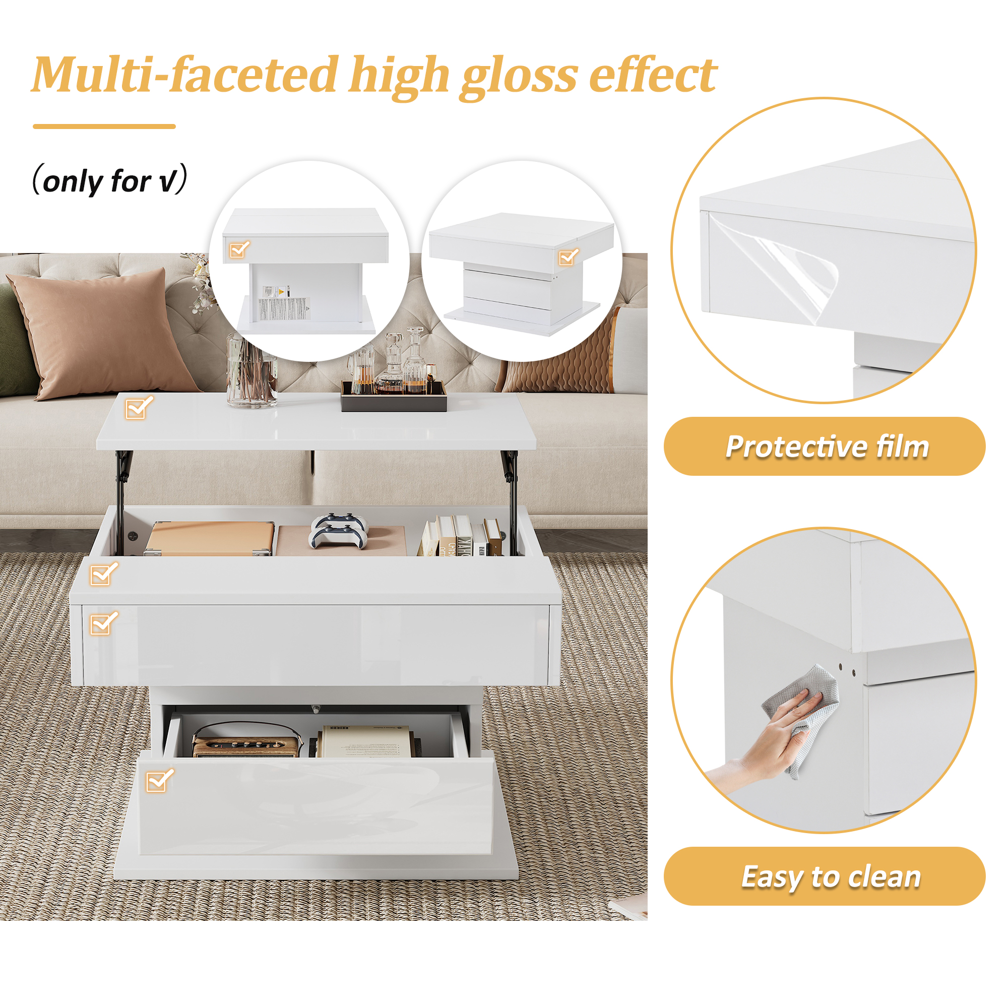 Homy Casa 27.5-Inch Square Lift-Top Coffee Table, 360° Rotating High-Gloss Top, Hidden Storage and Drawer, White and Natural Wood