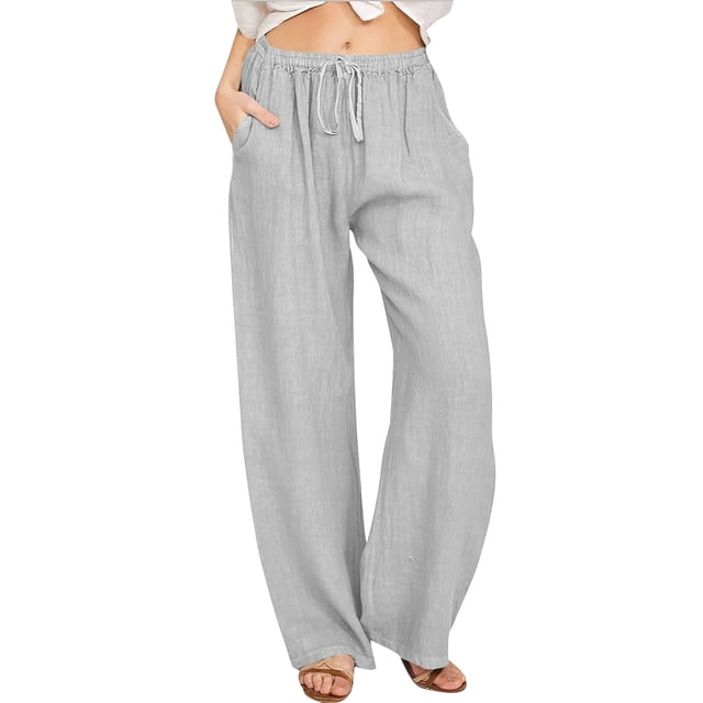 WEIYLL Pants for Women Linen Elastic High Waist Drawstring Wide Leg Yoga Grey Pant size L