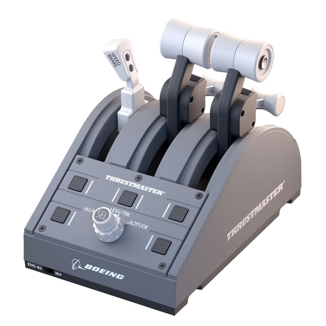 Thrustmaster TCA Quadrant Boeing Edition grey aviation throttle quadrant with three magnetic levers including a speed brake lever, 17 action buttons, and a rotary selector knob, officially licensed by Boeing for Xbox Series X|S and PC flight simulators.