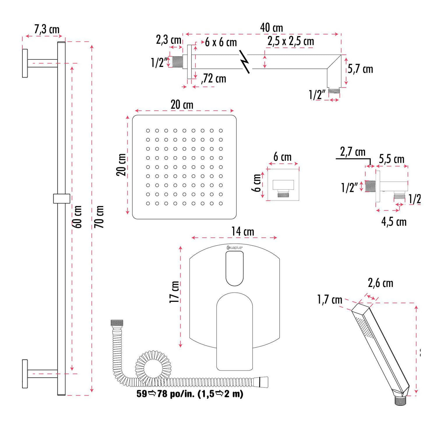 The akuaplus® ELENA shower faucet set with pressure balance cartridge and 2-way diverter plus 1, a adjustable combo system with hand shower with pommeau and brass elbow.