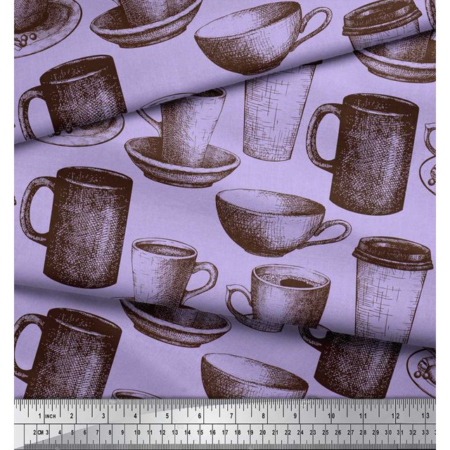 Soimoi polyester Crepe Fabric Tea & Coffee Cups Decor Fabric Printed Yard 42 Inch Wide