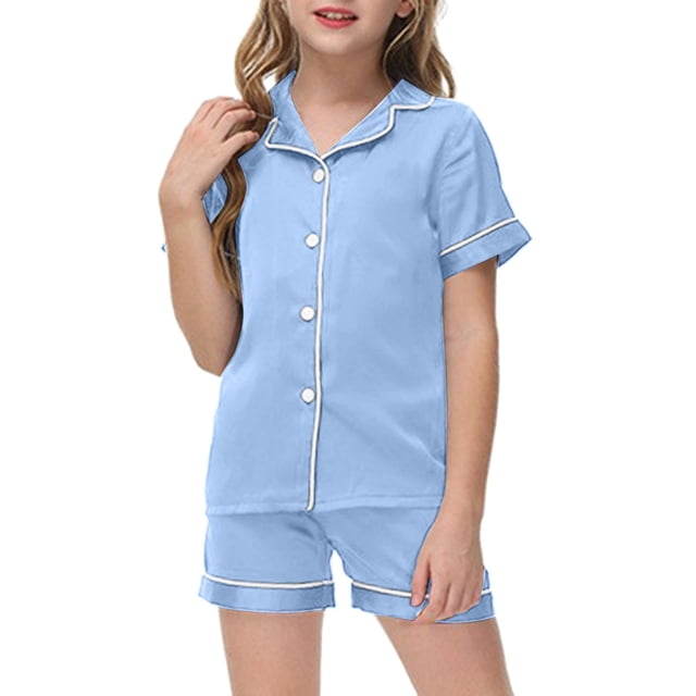 WEIYLL Ensembles de Pyjama pour Filles Été Couleur Unie Manches Courtes Col Rabattu Soie Boutonné Classique Shorts 2 Pcs Tenue de Nuit 8-9 Ans