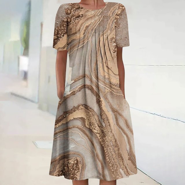 Robe Maxi pour Femmes Été Bohème à Imprimé à Manches Courtes Robe de Plage Robe Longueur Genou Robe à Manches Courtes en Liquidation
