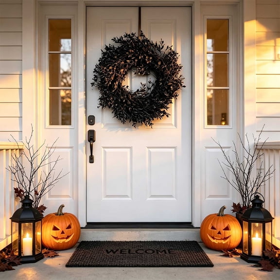 Halloween Black Wreath Door Garland, Plastic Artificial Small Flower Black Plants, Fall Home Decor for Halloween and Thanksgiving Windows and Displays