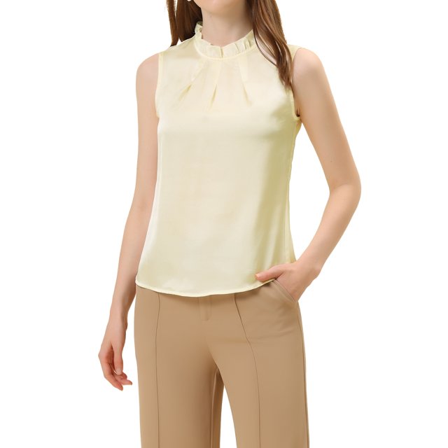 INSPIRE CHIC Blouse Satinée d'Été Sans Manches pour Femme à Encolure à Volants, devant Plissé, TG, Blanc