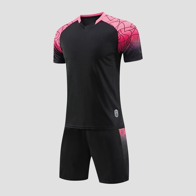 hengsof Ensemble de Maillot de Football à la Mode pour Enfants, Haut à Manches Courtes Col Ras du Cou, Short à Taille Élastique Tenue de Sport, Confortable Respirant Absorbant la Sueur Séchage Rapide Uniforme de Sport Deux Pièces