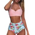 thumbnail image 1 of Women Vintage Swimsuit Two Piece Retro Halter Ruched High Waist Print Bikini Set, 1 of 5