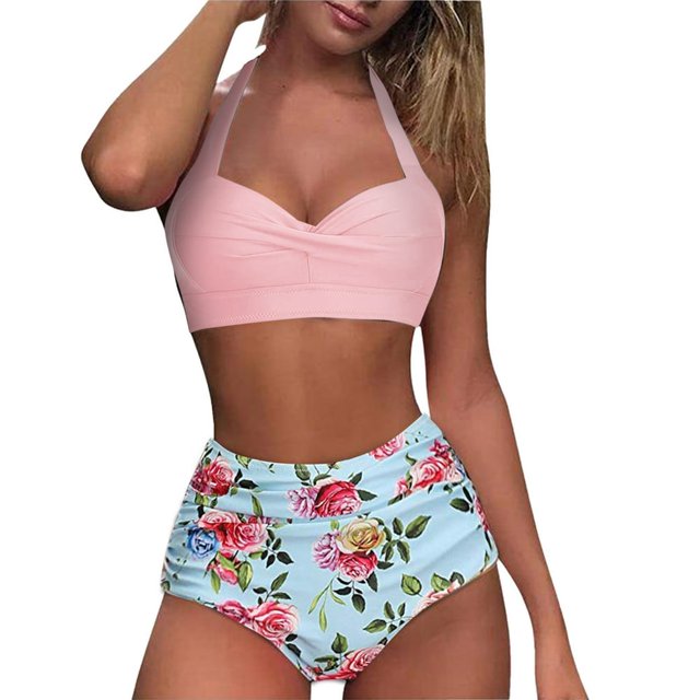 Women Vintage Swimsuit Two Piece Retro Halter Ruched High Waist Print Bikini Set