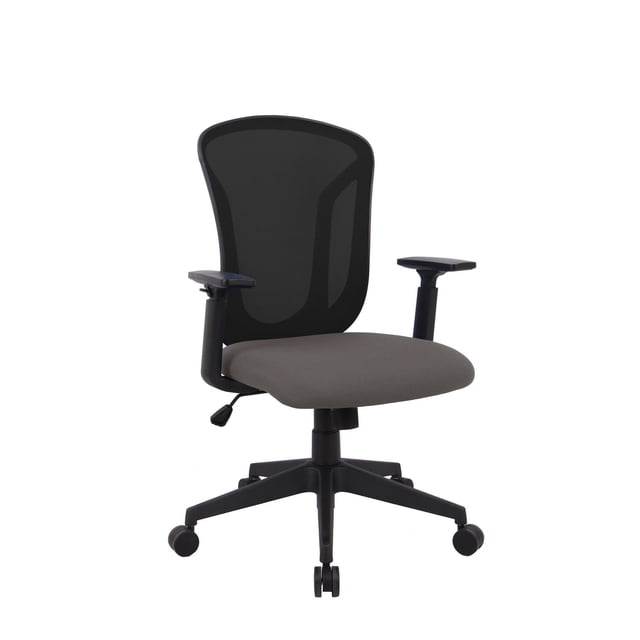 Levi Office Chair, Black/Grey, front view showing a black contoured mesh backrest and grey padded seat with adjustable height armrests, a 350mm powder-coated base, five dual 50mm castors for mobility, and a 100mm hydraulic lift for seat height adjustment, ideal for ergonomic office use.