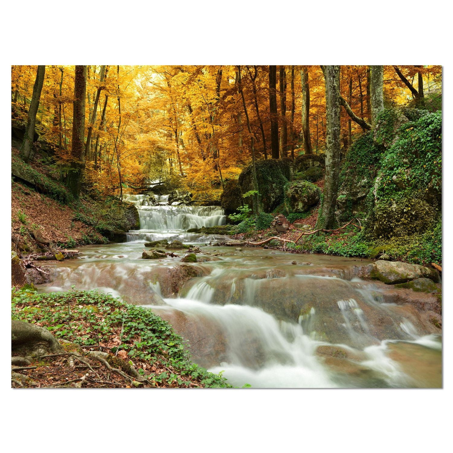 Designart Cascade de la forêt avec des arbres jaunes Art mural sur toile