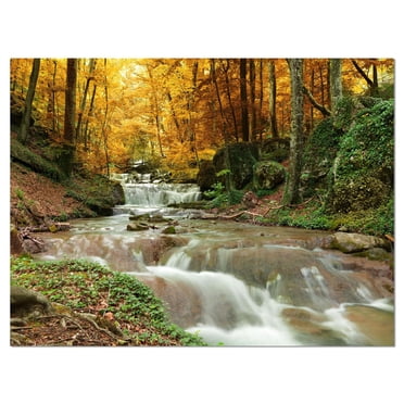 Designart Forest Waterfall with Yellow Trees Canvas Wall Art
