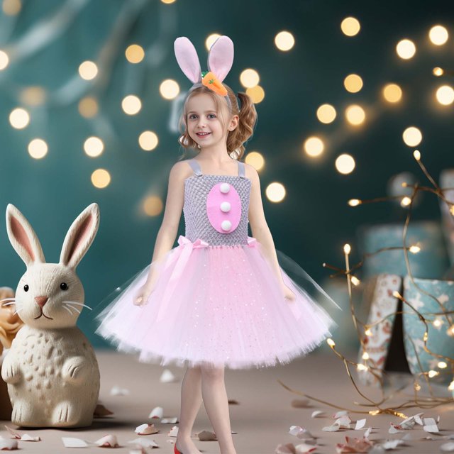TIMIFIS Robes de Princesse de Pâques pour Filles Robe pour Tout-Petits Filles Robe de Pâques une Pièce Sans Manches Robe de Vacances Lapin Tulles avec Bandeau pour 7 Ans