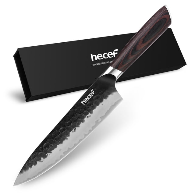 Hecef 8-Inch Japanese Chef Knife, High-Performance Composite Steel Razor Sharp Cooking Knife with Hammered Finish & Ergonomic Pakkawood Handle