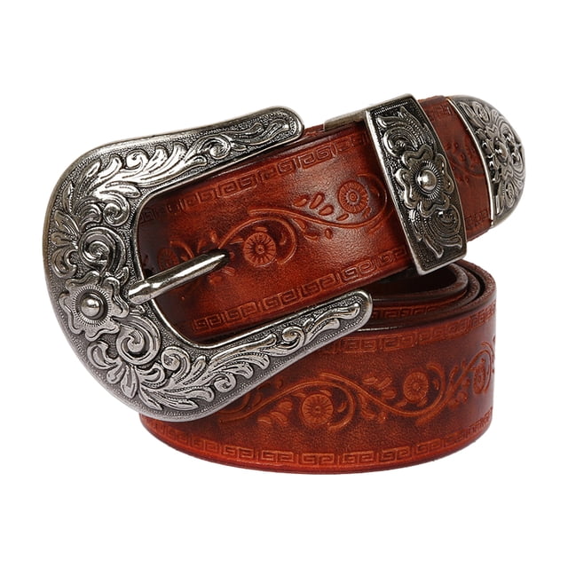 Ruiboury Embossed Pattern Belt With Fine Craftsmanship For Vintage And Western Looks Long Fashion Embossed Pattern Rivet Belt Long flower brown 125cm 2Set