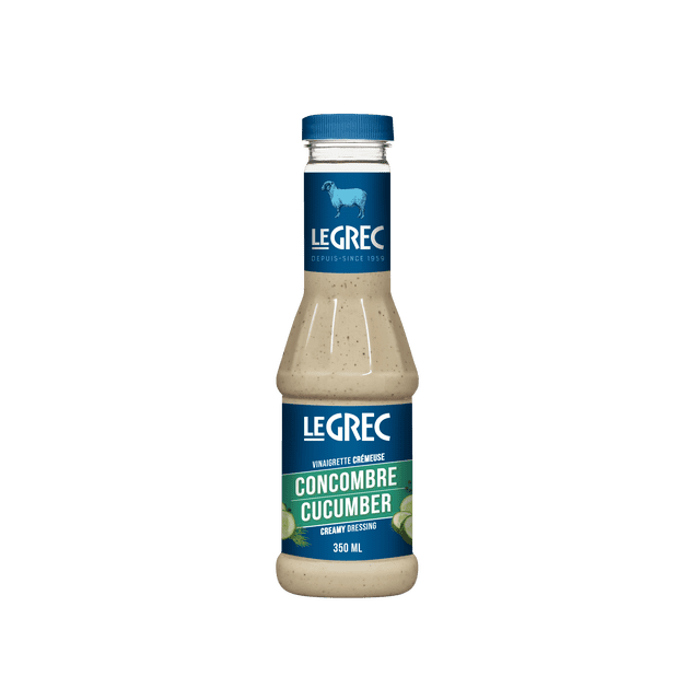 Le Grec Cucumber dressing in a 350 ml clear plastic bottle with a blue screw cap, featuring a blue label with a sheep logo and text highlighting creamy cucumber vinaigrette, gluten-free salad dressing ideal for fresh salads and ready-made meals.