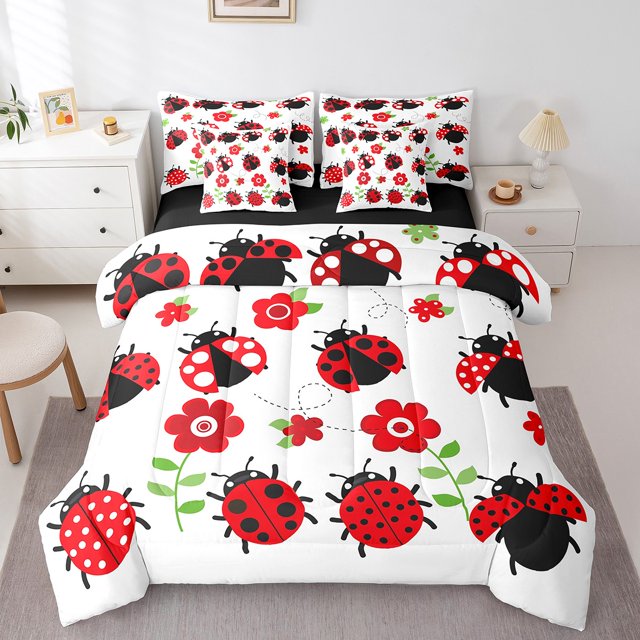 YST Cartoon Insect 7-Piece Comforter Set, Twin Size, Red Flower Floral Bedding for Boys Girls Room Decor