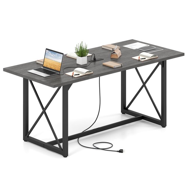 Costway 6FT Conference Table with Power Outlets, Large Meeting Room Table Seats 6-8 People Gray Oak