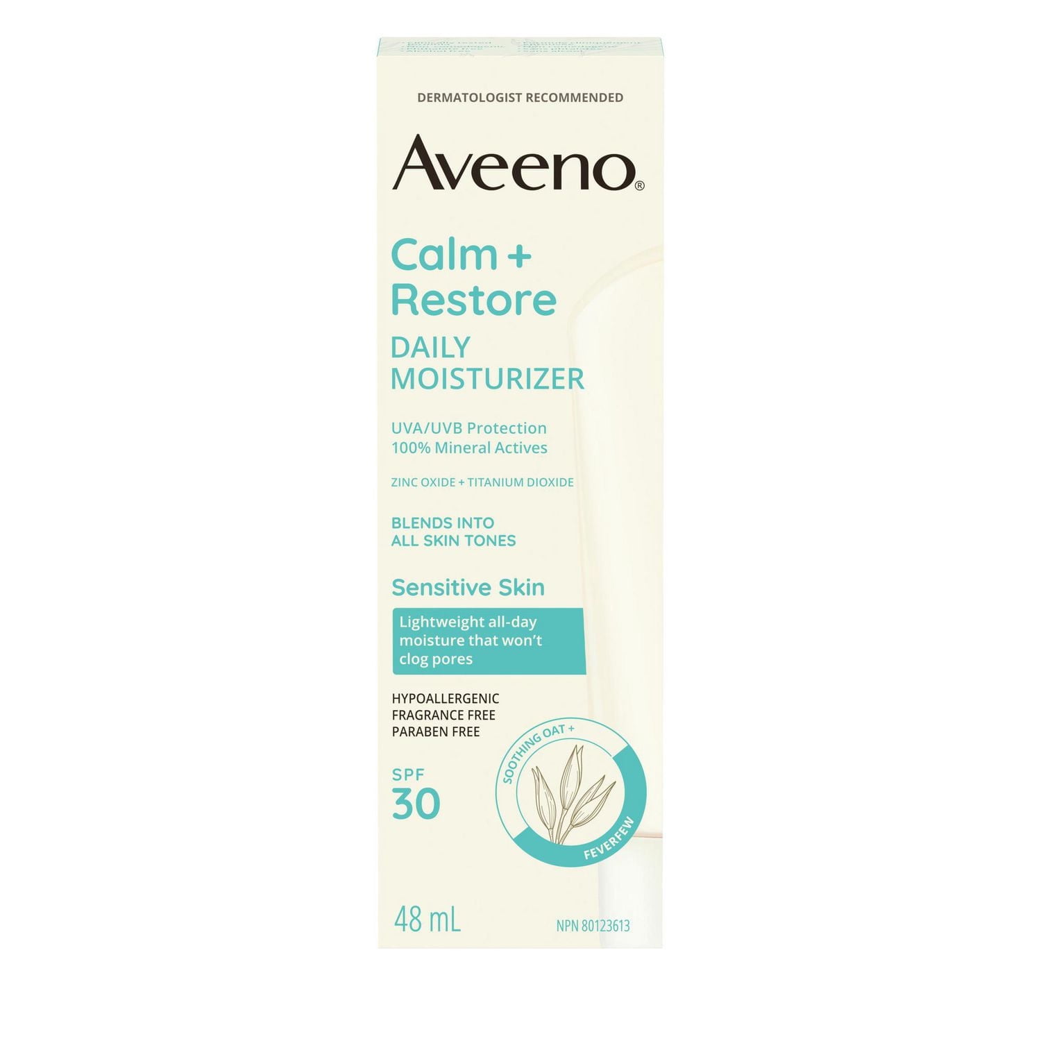 Aveeno® Calm + Restore Daily Moisturizer, SPF 30, 100% Mineral Actives, Broad Spectrum, Non-comedogenic Sensitive Skin, Oat, Hypoallergenic, Fragrance Free