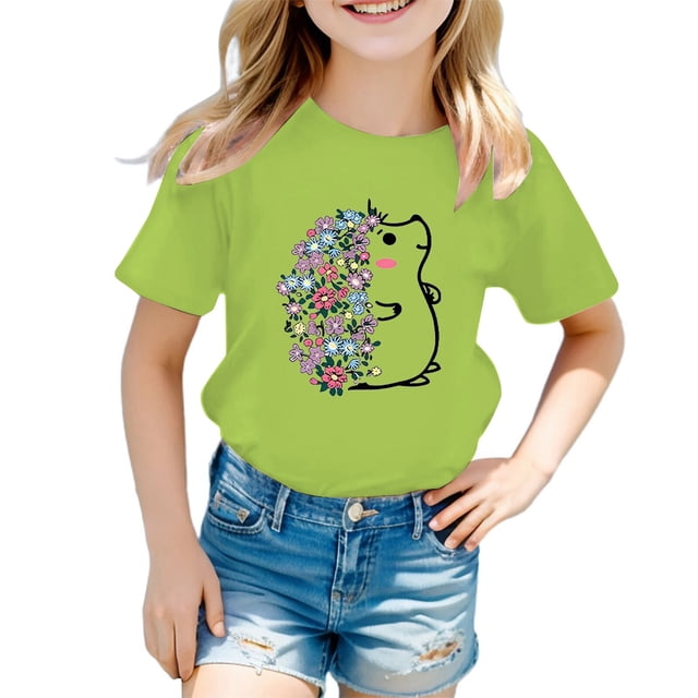 PMVFHDE Hauts pour Filles T-Shirts pour Filles T-Shirts Graphiques T-Shirts pour Fille Hauts d'Été Tendance pour Filles Hauts d'Été pour Fille T-Shirt Graphique Mignon pour Fille Col Rond Manches Courtes T-Shirt d'Été Vert Pâle, 5-6 Ans