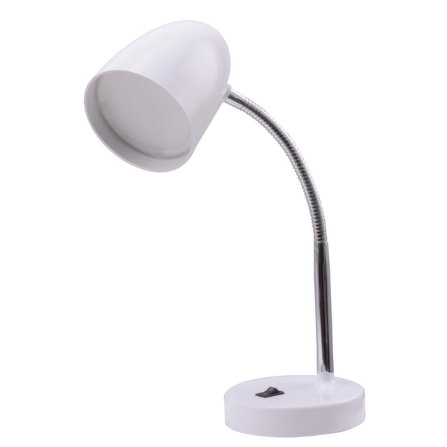 Lampe de Bureau à DEL Mainstrays avec Abat-Jour et base en Plastique Blanc, Col de Cygne Chromé Ajustable et Interrupteur Marche-Arrêt Noir, Offrant un Éclairage Écoénergétique de 3,5 W, 240 Lumens, Idéale pour Bureaux Ou Tables de Nuit, Sans Remplacement d'Ampoule Requis.