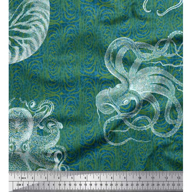 Soimoi Georgette Viscose Fabric Animal Skin,Shell & Octopus Ocean Printed Fabric 1 Yard 42 Inch Wide