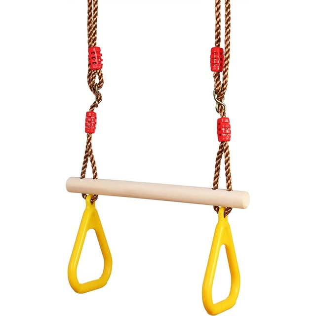 Monkey Bar Set, Adjustable Height Swing Bar for Backyard Playground Equipment by Dutchman. The swing bar features a wooden horizontal bar with durable yellow plastic handles and adjustable brown ropes with red connectors. Designed for both children and adults, it offers a height range of 95-150cm, making it versatile for various play scenarios. Reinforced with a high-quality metal ring for stability and safety, this multifunctional swing is ideal for enhancing coordination and strength in outdoor play areas.