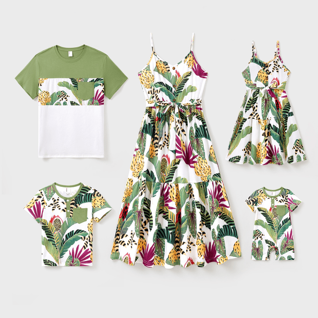 PatPat Ensemble Assorti pour la Famille, Haut à Manches Courtes Ou Robe Camisole à Imprimé Floral Tropical