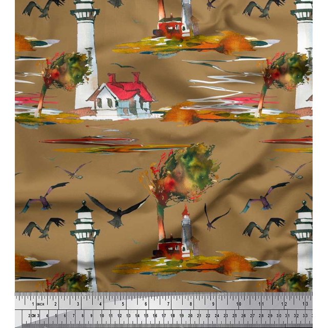 Soimoi Georgette Viscose Fabric Lighthouse,Bird & Tree Nature Print Fabric by the Yard 42 Inch Wide