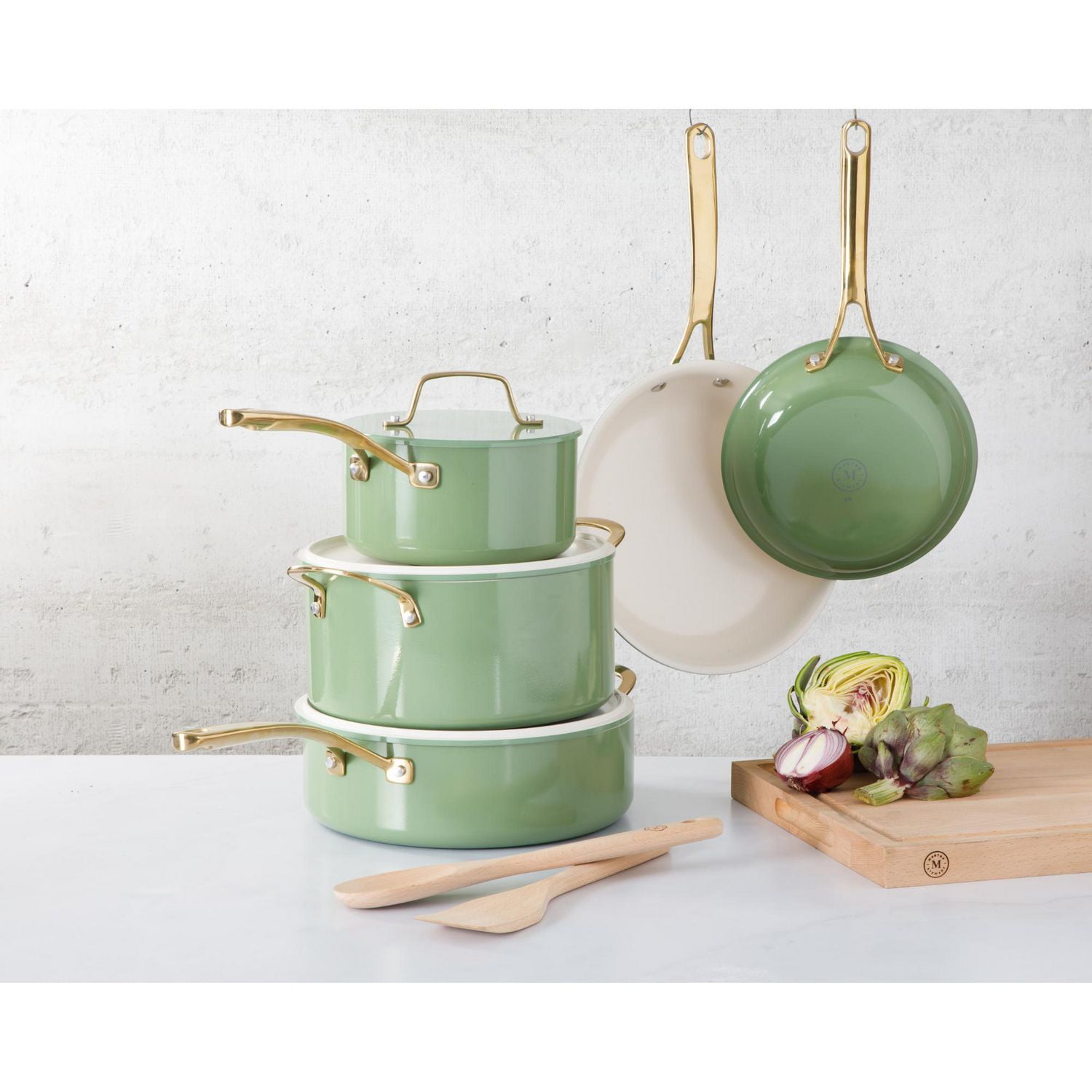Martha Stewart Galway Batterie de cuisine 10 pièces en aluminium avec couvercle en alun Sauge