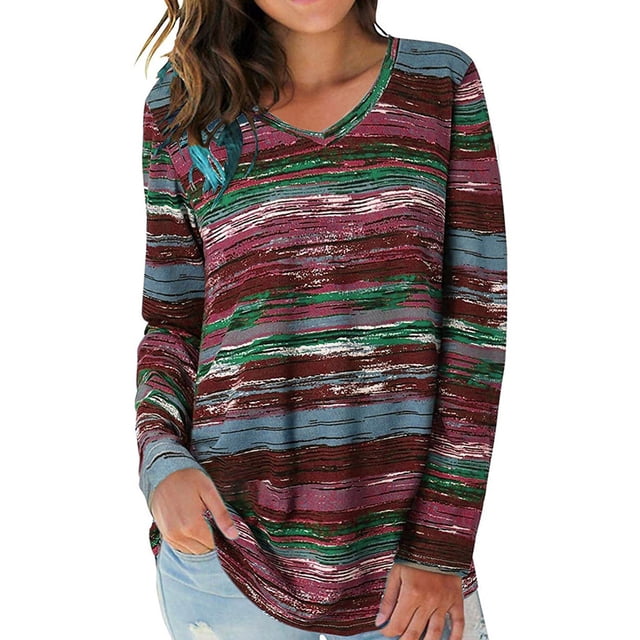 maskred Femmes T-shirt Automne Imprimé V Cou Manches Longues Top Manches Longues Causal Chemisier Vin Rouge