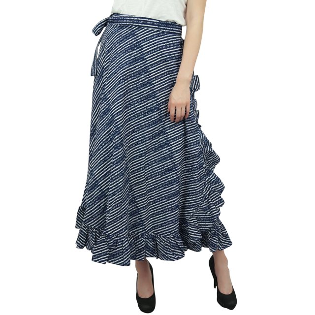 Phagun Women's Check Printed Self Belt Cotton Navy Blue Ruffled Wrap Skirt