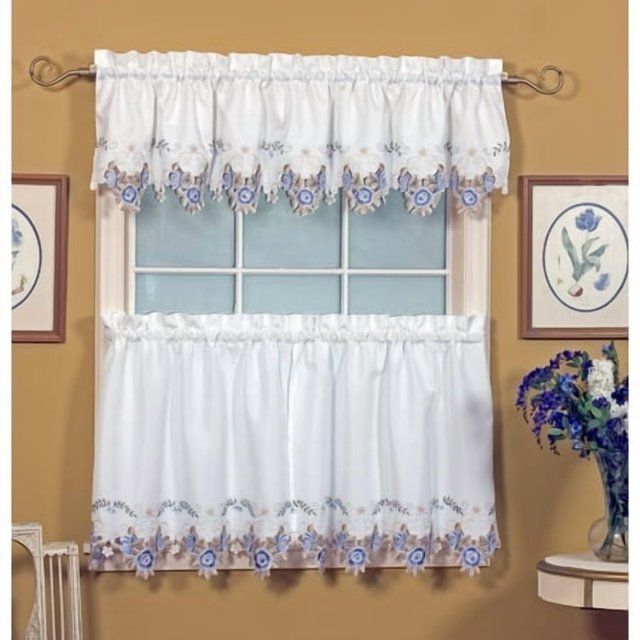 Today's Curtain Verona Broderie Inversée Tier 36 Pouces" Blanc/bleu
