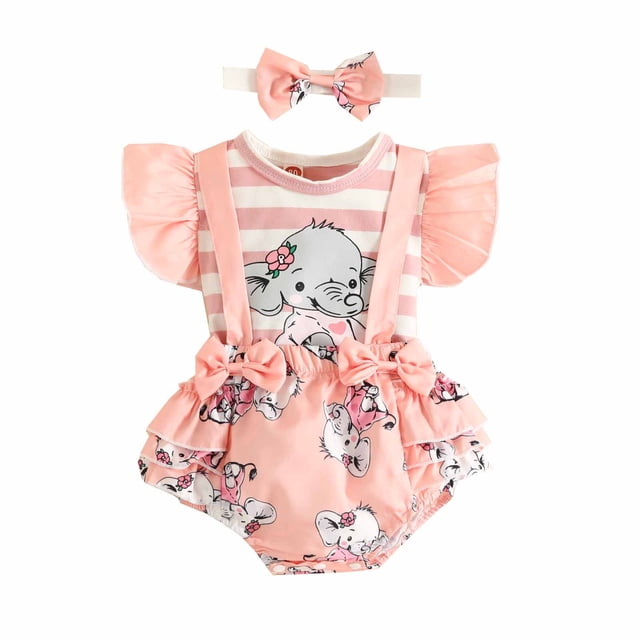 Birdeem 1-18M Infant Toddler Baby Girl Ruffled Print Top with Straps Shorts and Headband Set