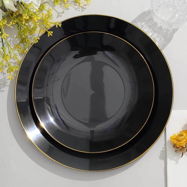 CUITING Lot de 10 Assiettes de Service Rondes Jetables en Plastique Martelé Transparent à Paillettes Dorées avec Rebord Doré - 13”