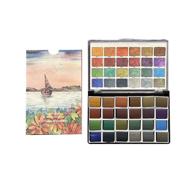 24 Color Glitter Watercolor Paints Set Pearlescent Color Artist Art Set For Painting On Fabric Paper Crafts