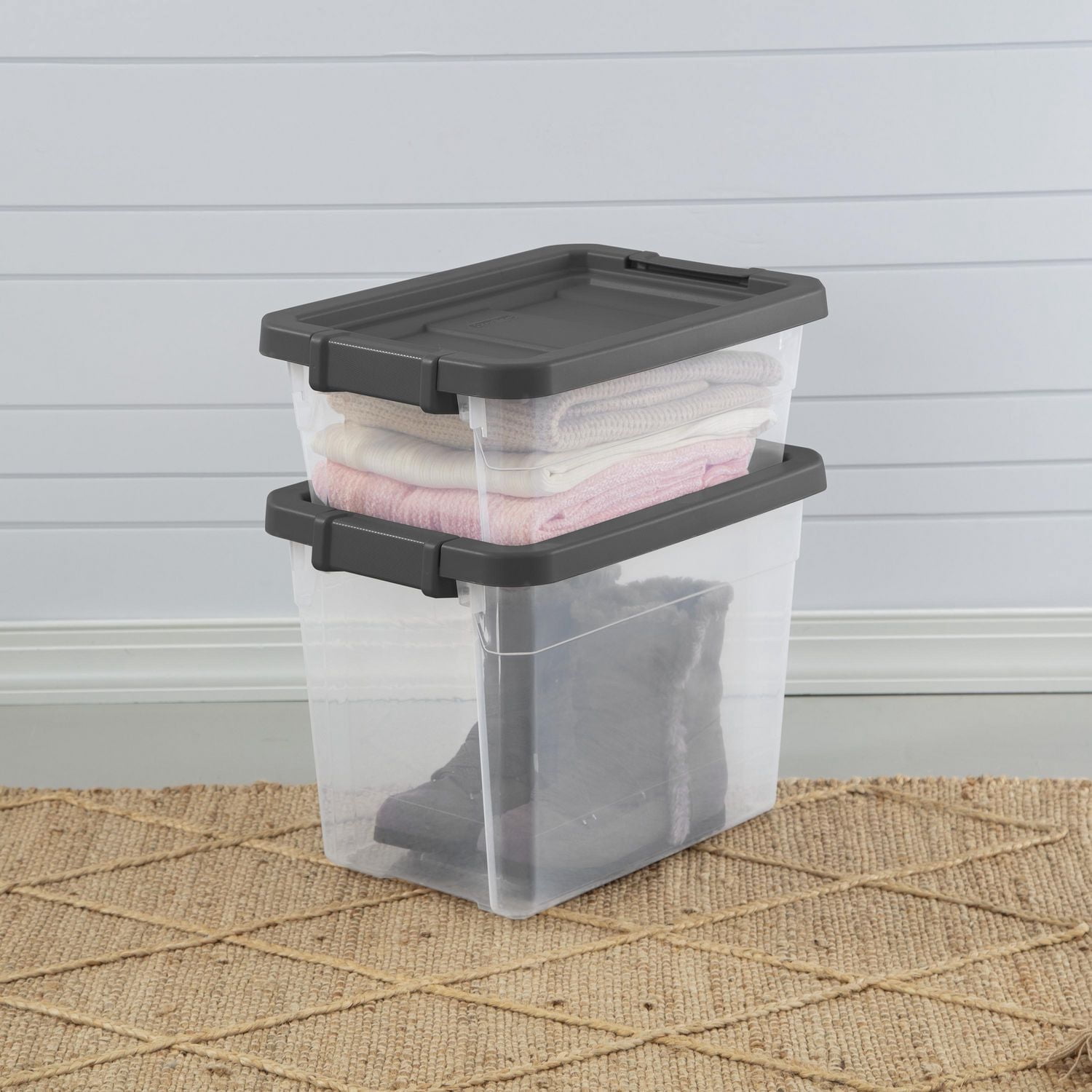 Sterilite 15 L Stacker Box, Durable Clear Plastic Storage Bin with Latch Lid, Dark Gray