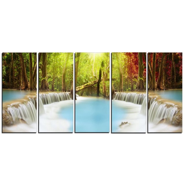 Design Art Huai Mae Kamin Waterfall Canvas Print featuring a five-panel gallery wrapped canvas with smooth blue water cascading over natural rock ledges, surrounded by lush green and red forest trees, printed on high-quality cotton canvas and ready to hang, suitable for enhancing home or office wall décor.