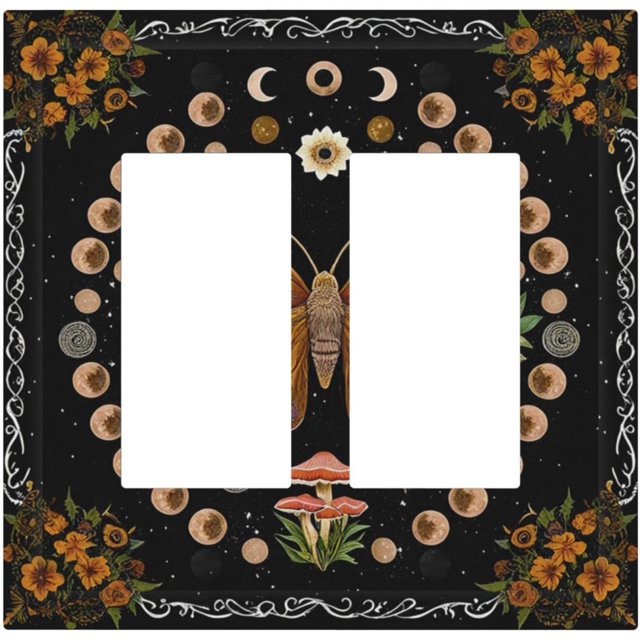 Nadoabtm Decorative Outlet Covers Boho Mushroom Butterfly Moon Floral Abstract Black 2 Gang Double GFCI Rocker Electrical Wall Panels Light Switch Cover Plate for Bedroom Cabin Decor