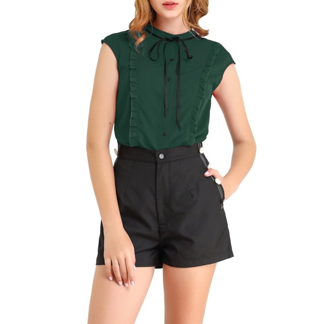 INSPIRE CHIC Women's Tie Neck Cap Sleeve Button Down Ruffle Summer Shirts