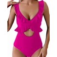 thumbnail image 2 of One Piece Swimsuit for Women Tummy Control Ruffle Bathing Suit V Neck Ruched Slimming Cutout Swimwear Rose Red S, 2 of 7