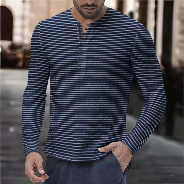 LNWUY Mens Henley Striped Printing Button Long Sleeve Shirts